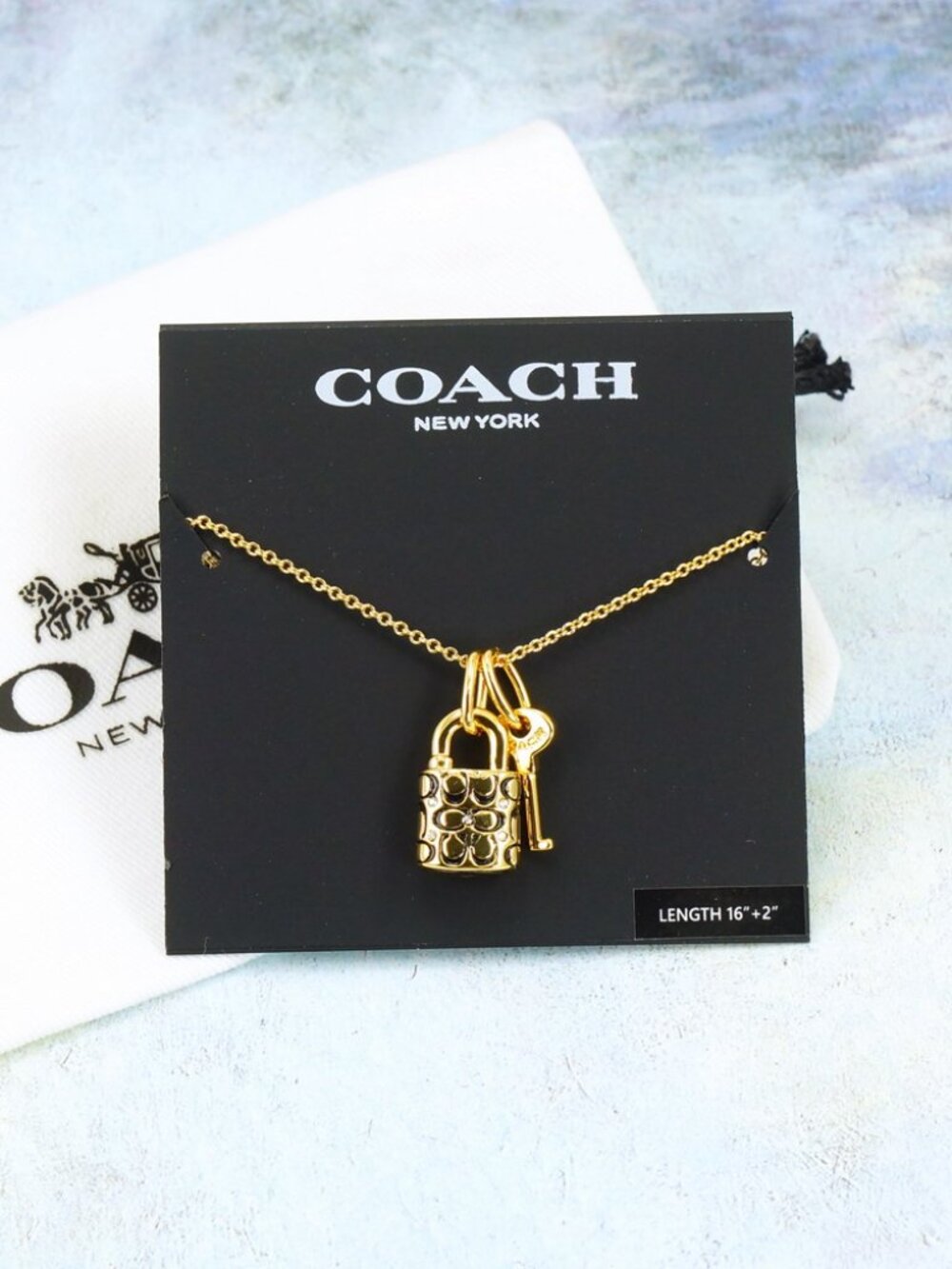 Coach Signature Black Quilted Padlock Lock Key Charm Necklace Gold Plated